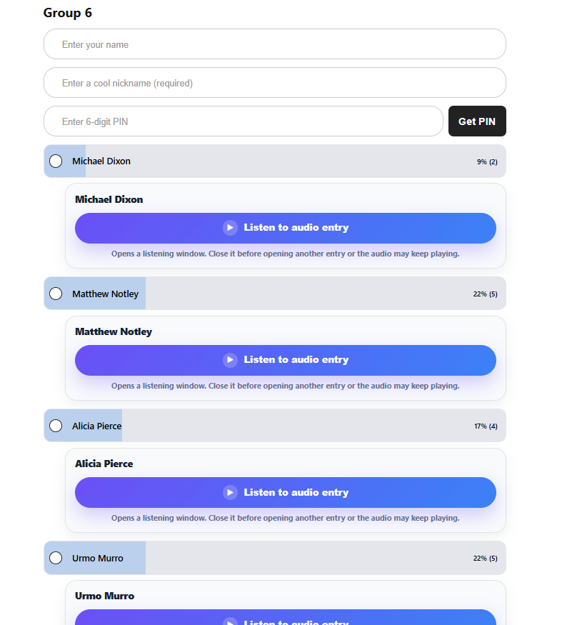 VotePin music competition voting example with audio poll mode